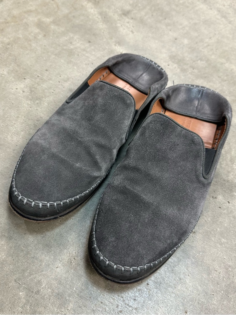 John Varvatos charcoal suede whipstitched crushed heel loafer